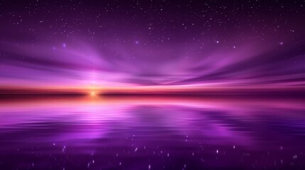   A purple-hued sky mirrors stars, sun sits above water midway