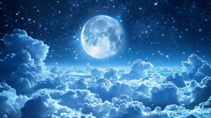   A full moon rises above clouds in the night sky, adorned by stars The moon itself is situated centrally within the star-studded expanse