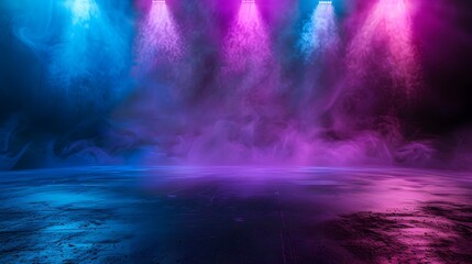 The dark stage shows, empty dark blue, purple, pink background, neon light, spotlights, The asphalt floor and studio room with smoke float up the interior texture for display products