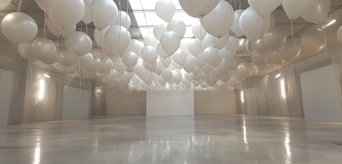Blank canvas, balloons encircling, central void, airy atmosphere.