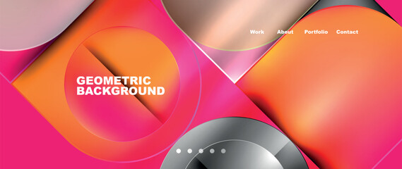 Colorfulness and patterns of circles and squares in red and magenta on a pink background. The design includes geometric shapes like circles and rims