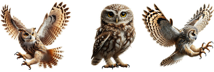Obraz premium Detailed Set of Owl Flying, Standing, and Attacking, Isolated on Transparent or White Background