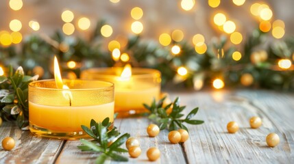   A few candles atop a wooden table, surrounded by a bunch of greenery and Christmas lights - Powered by Adobe