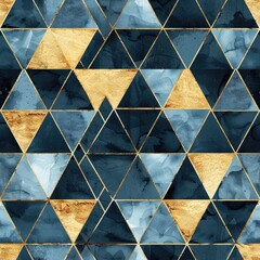watercolor blue and gold geometric triangles seamless  pattern, illustration
