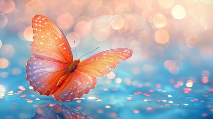   A close-up of a butterfly over a body of water with lights in the background