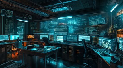 A panoramic view of a hacker's lair, with walls lined with monitors and servers humming with activity as cybercriminals plot their next move in the ongoing battle for digital supremacy.