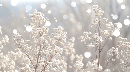   A tight shot of numerous white blossoms against a backdrop of snowfall and distant trees
