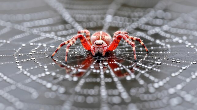   A tight shot of a red spider on a flat surface, with water droplets on its face and legs