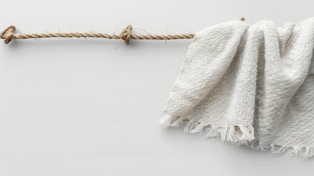   A white towel hangs from a rope with a knot at one end, securing it between the two sections