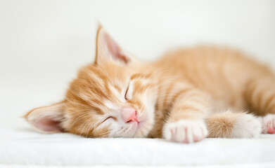 Sleeping Cute Cat. Young Animal Resting on Blue Background.