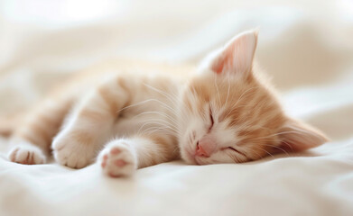 Sleeping Cute Cat. Young Animal Resting on Blue Background.