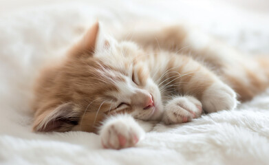 Sleeping Cute Cat. Young Animal Resting on Blue Background.