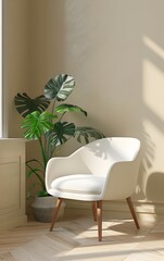 White armchair with wooden legs, beige fluffy fabric in the interior of an apartment made from light wood paneling, mockup design