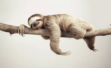 Fototapeta premium Young sloth hanging lazily from a tree branch, enveloped in a dreamlike state.