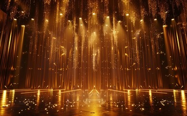 The background of the award ceremony stage is a dark gold, with golden light beams shining on it. The camera captured the entire scene from an overhead perspective