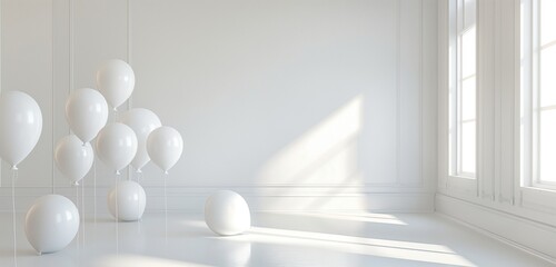 Pure white canvas, balloons bordering, empty middle, serene abstraction.