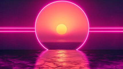 Sunset over tranquil purple ocean. Empty copy space for silhouette dance.  Empty room with neon lights. Generative AI