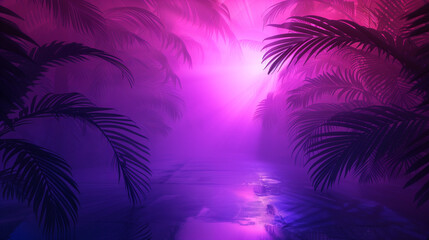Obraz premium Tropical sunset silhouette with vibrant pink and orange gradient background. Empty copy space for silhouette dance. Landscape. Generative AI