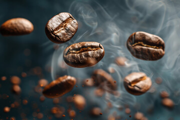 Coffee Beans in Flight Against Dark Backdrop