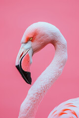 Naklejka premium Pastel Flamingo Portrait, Close-Up Profile Shot with Soft Lighting