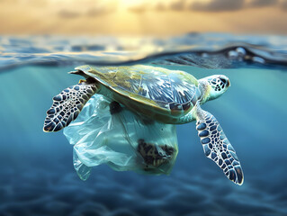 Sea turtles can eat plastic bags, mistaking them for jellyfish. Plastic pollution in the ocean environmental problem. Underwater concept of global problem with plastic rubbish.
