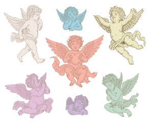 Antique Angel Baby Cupid illustration, Isolated Vintage cherub greek statues,retro little angels collection	,isolated on white background