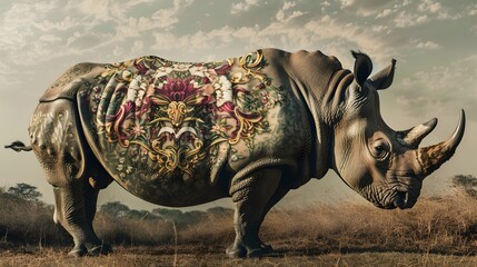 Majestic Rhino Adorned with Baroque Floral Design for Photography Generative ai