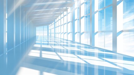   A long hallway with multiple windows on each side is bathed in sunlight, as evidenced by the sun's rays streaming through the glass