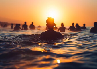 Serene Sunset Swim: Person Enjoying Ocean Swim at Dusk
