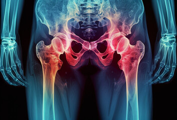 Painful hip joint, Arthritis at hip joint. Film x-ray. - obrazy, fototapety, plakaty