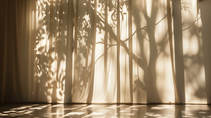 Obraz premium Sunlit tree shadows on a minimal wall background. Empty copy space for product presentation. Generative AI