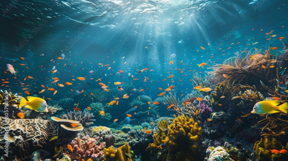 Poster A vibrant coral reef teeming with diverse marine life underwater