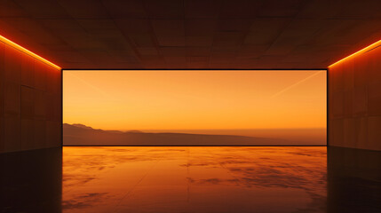 Sunset view from a modern architectural structure overlooking mountains. Empty copy space for silhouette dance. Landscape.  Generative AI