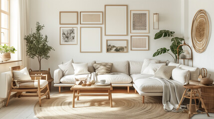 Fototapeta premium Stylish interior of living room with comfortable furniture, gallery wall frame mockup in white room with wooden furniture