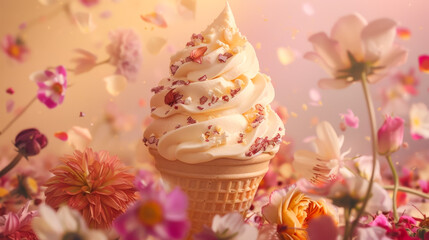 Ice cream cone on flower field background with splash, Melting ice cream cone summer idea concept.