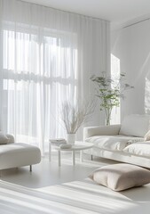 White living room interior with sofa, armchair and coffee table against window with sheer curtains on the white floor