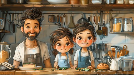 A family is cooking together in a kitchen with many kitchen utensils.