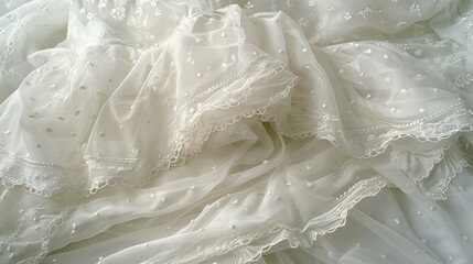   A tight shot of a white dress featuring ruffled and laced detailing at the hem