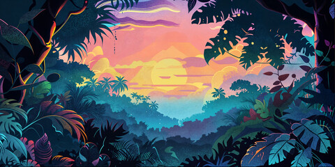 Fantasy Mysterious Tropical Forest Landscape Background Panorama Concept Drawing image HD Print Neo Game Art V11 29