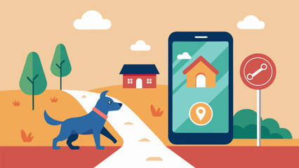 Fototapeta premium A pet safety app notifies an owner that their dog has inadvertently left the yard and is approaching a busy road.. Vector illustration