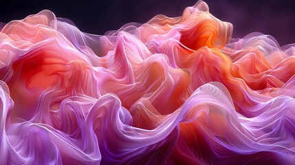   A black background bears a computer-generated wave of flowing fabric in pink, orange, and purple hues, with a red center positioned at its heart