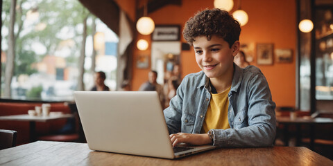 Teenage boy using laptop at evening in cafe. A young boy sitting in front of a laptop computer looking at the camera with a sly smile on his face. - Powered by Adobe