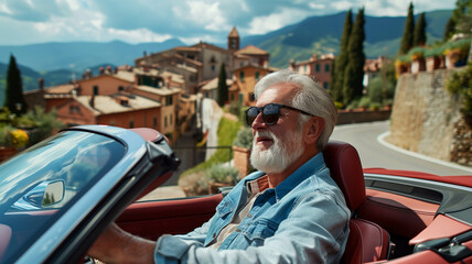 An Italian sunset the sky with warm hues, a bearded senior gentleman cruising along in a convertible. Ai generated