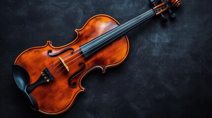   A violin on a black surface against a black background
