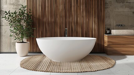   A large, pristine white bathtub atop a plush rug Nearby, a sink and a potted plant flank a wooden wall