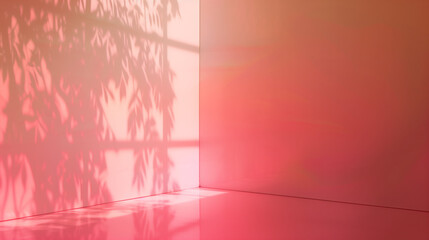 Abstract pink and red gradient background with shadow of tree leaves. Generative AI