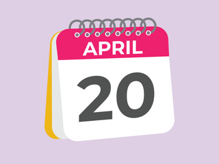 April 20 calendar reminder. 20 April daily calendar icon template. Calendar 20 April icon Design template. Vector illustration
