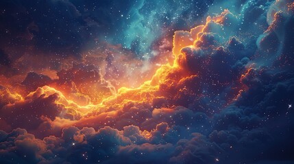 Dramatic cosmic cloudscape with fiery orange and tranquil blue hues, blending the boundaries between a starry sky and celestial clouds.