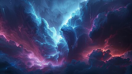 Epic digital storm clouds with vibrant blue and deep purple hues, electrified by striking bolts of lightning, evoking a powerful natural phenomenon.