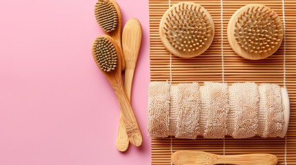   A bamboo brush and spool of thread alongside a single bamboo brush on a bamboo mat, all set against a pink backdrop